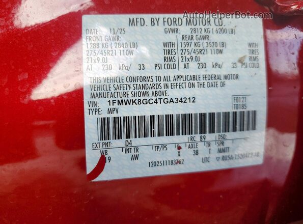 1FMWK8GC4TGA34212 2026 FORD FORD EXPLORER Red VIN sticker view