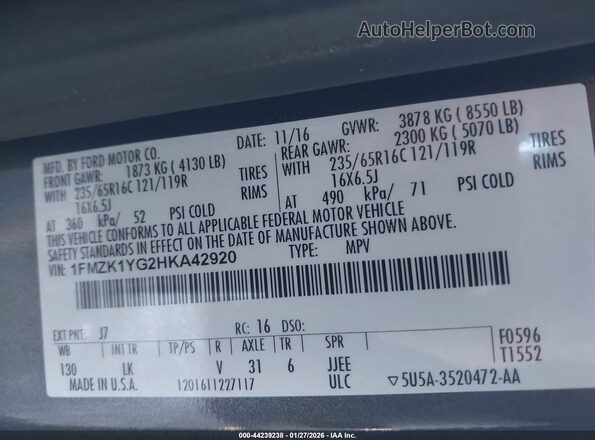 1FMZK1YG2HKA42920 2017 FORD TRANSIT-150 Gray 