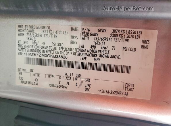 1FMZK1ZM3GKB38820 2016 FORD TRANSIT Silver VIN კოდის სტიკერის ხედი