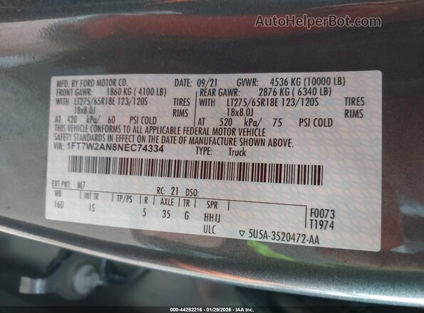 1FT7W2AN8NEC74334 2022 FORD F-250 Gray 