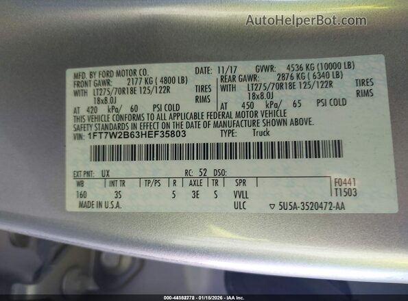 1FT7W2B63HEF35803 2017 FORD F-250 Серебряный 