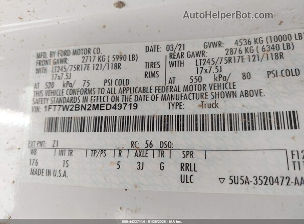 1FT7W2BN2MED49719 2021 FORD F-250 White Widok komory silnika