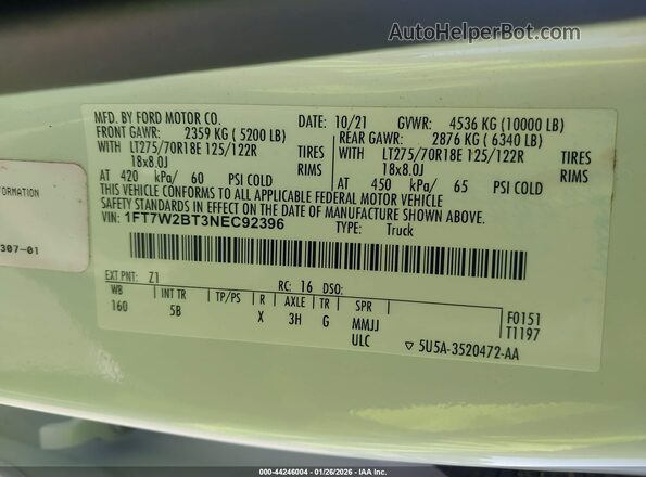 1FT7W2BT3NEC92396 2022 FORD F-250 White Շարժիչի բաժամունքի տեսք