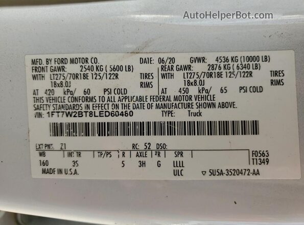 1FT7W2BT8LED60480 2020 FORD F250 White Շարժիչի բաժամունքի տեսք