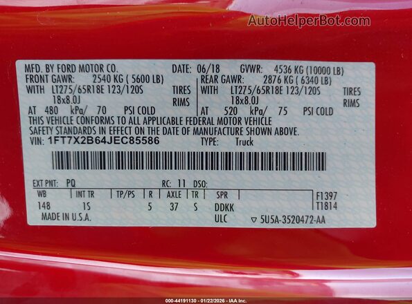 1FT7X2B64JEC85586 2018 FORD F-250 Red Вид підкапотного простору