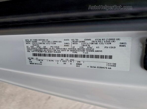 1FT7X2BT2LED14429 2020 FORD F250 White Vista del compartimento del motor