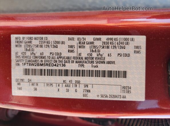 1FT8W2BM5RED42136 2024 FORD F250 Red 