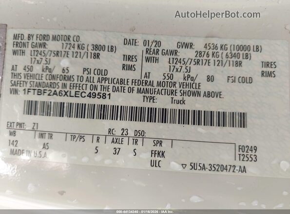 1FTBF2A6XLEC49581 2020 FORD F-250 White Engine compartment view
