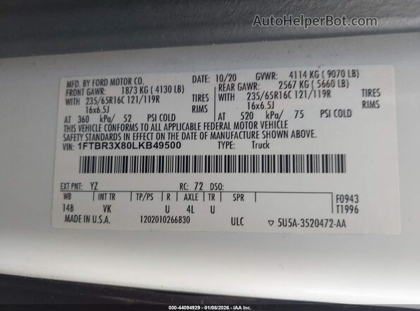 1FTBR3X80LKB49500 2020 FORD TRANSIT-250 White ძრავის განყოფილების ხედი