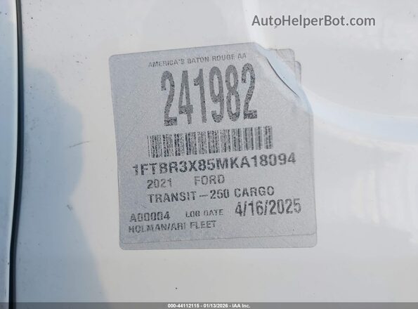 1FTBR3X85MKA18094 2021 FORD TRANSIT-250 White Вид підкапотного простору
