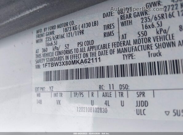 1FTBW3X80MKA62111 2021 FORD TRANSIT-350 White Շարժիչի բաժամունքի տեսք