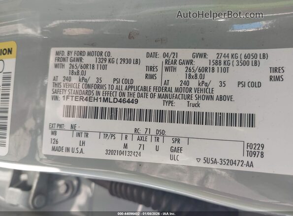 1FTER4EH1MLD46449 2021 FORD RANG Green Вид підкапотного простору