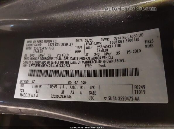 1FTER4EH2LLA33263 2020 FORD RANG Gray Widok komory silnika