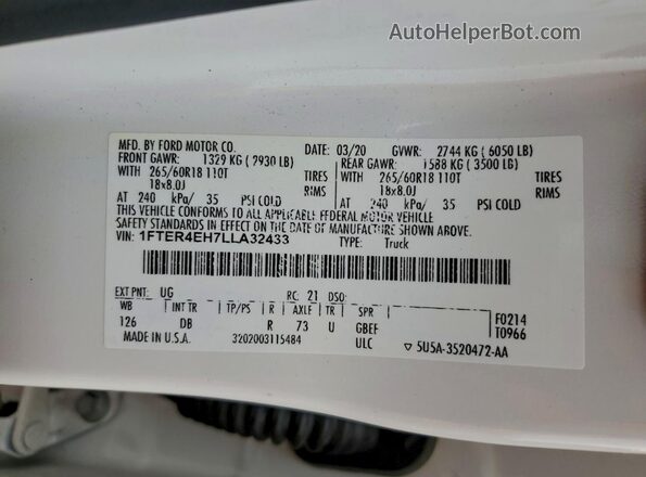 1FTER4EH7LLA32433 2020 FORD RANG White Շարժիչի բաժամունքի տեսք