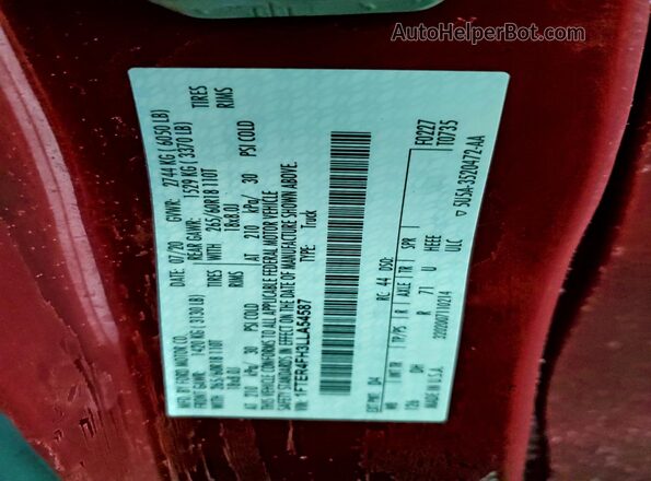 1FTER4FH3LLA54587 2020 FORD RANG Maroon Widok naklejki z numerem VIN