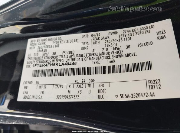 1FTER4FH5KLA40446 2019 FORD RANG Black ძრავის განყოფილების ხედი