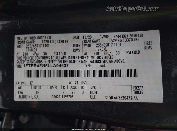 1FTER4FH5LLA94637 2020 FORD RANG Gray Շարժիչի բաժամունքի տեսք
