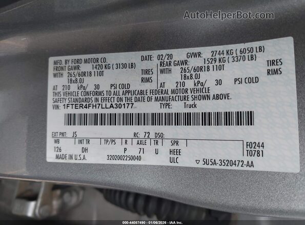 1FTER4FH7LLA30177 2020 FORD RANG Silver ძრავის განყოფილების ხედი