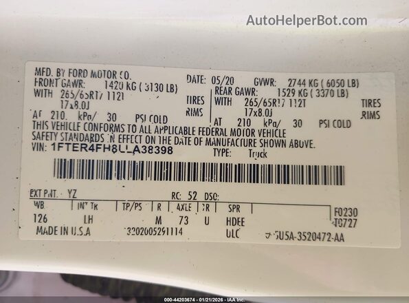 1FTER4FH8LLA38398 2020 FORD RANG White Engine compartment view