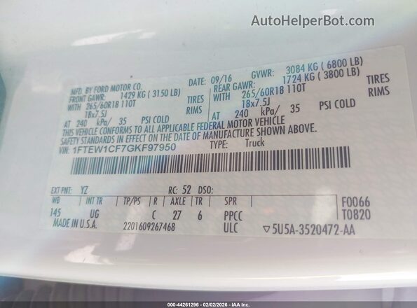 1FTEW1CF7GKF97950 2016 FORD F150 Белый Вид подкапотного пространства
