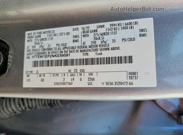 1FTEW1EP2NKE59591 2022 FORD F150 Silver Вид наклейки з VIN-кодом