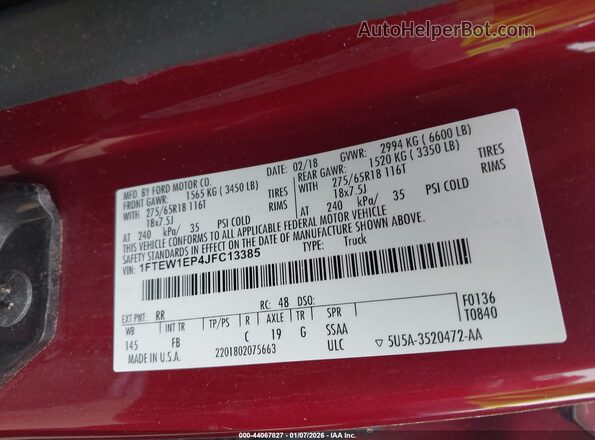 1FTEW1EP4JFC13385 2018 FORD F150 Red Vista del compartimento del motor