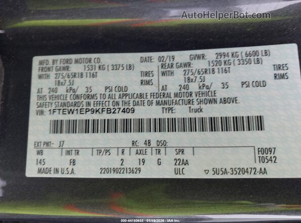 1FTEW1EP9KFB27409 2019 FORD F150 Gray Vista del compartimento del motor