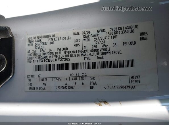 1FTEX1CB8LKF27362 2020 FORD F150 White ძრავის განყოფილების ხედი