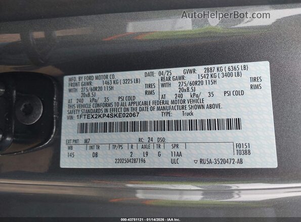 1FTEX2KP4SKE02067 2025 FORD F150 Gray Շարժիչի բաժամունքի տեսք
