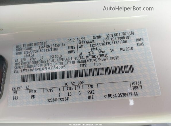1FTFW1P8XRKF34585 2024 FORD F-150 POLICE RESPONDER White Vista del compartimento del motor