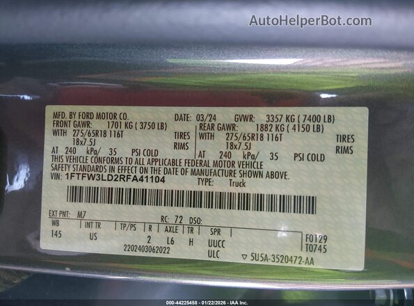 1FTFW3LD2RFA41104 2024 FORD F150 Gray Engine compartment view