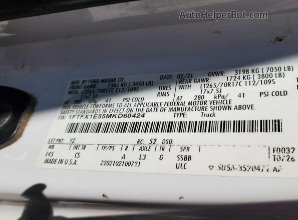 1FTFX1E55MKD60424 2021 FORD F150  