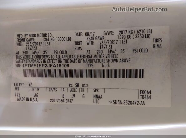 1FTMF1EP2JFA18106 2018 FORD F150 White Շարժիչի բաժամունքի տեսք