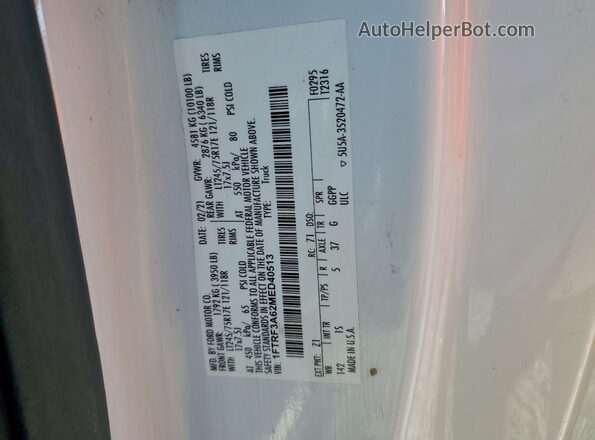 1FTRF3A62MED40513 2021 FORD F350 White Vista de la etiqueta del VIN