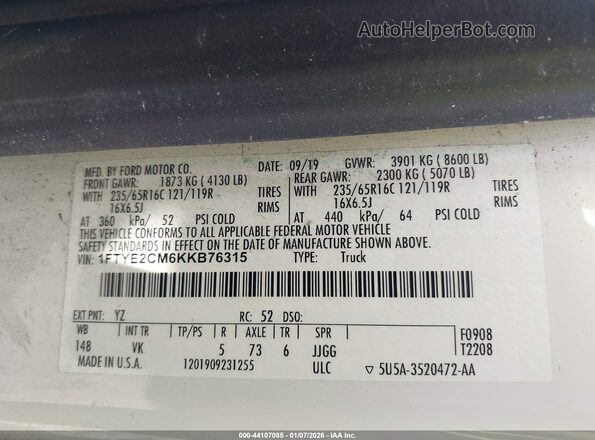 1FTYE2CM6KKB76315 2019 FORD TRANSIT-150 White Engine compartment view