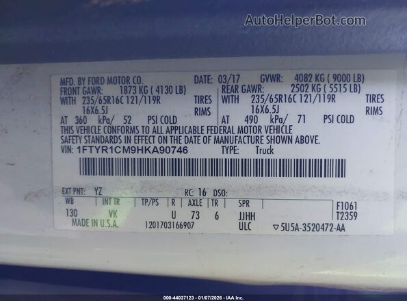 1FTYR1CM9HKA90746 2017 FORD TRANSIT-250 White 