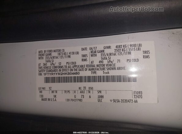 1FTYR1YM2HKB04480 2017 FORD TRANSIT-250 White 