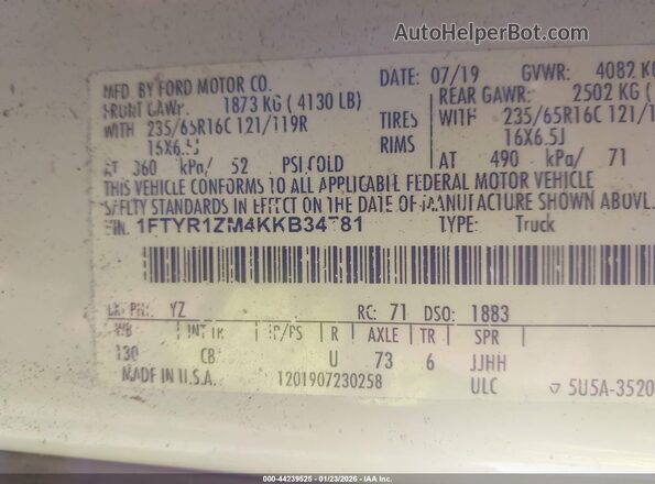 1FTYR1ZM4KKB34781 2019 FORD TRANSIT-250 Белый 