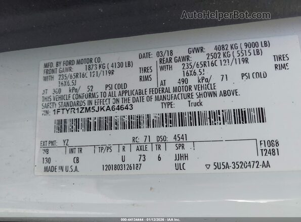 1FTYR1ZM5JKA64643 2018 FORD TRANSIT-250 White ძრავის განყოფილების ხედი