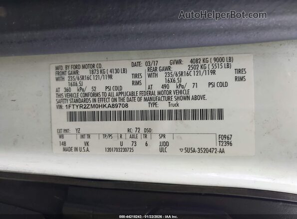 1FTYR2ZM0HKA89708 2017 FORD TRANSIT-250 White 