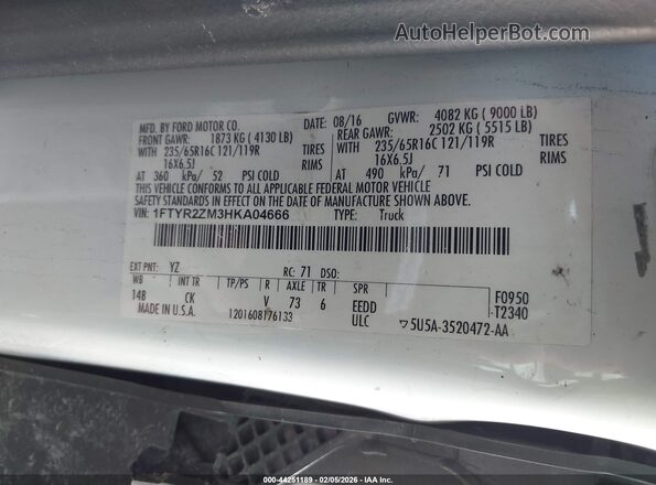 1FTYR2ZM3HKA04666 2017 FORD TRANSIT-250 White 