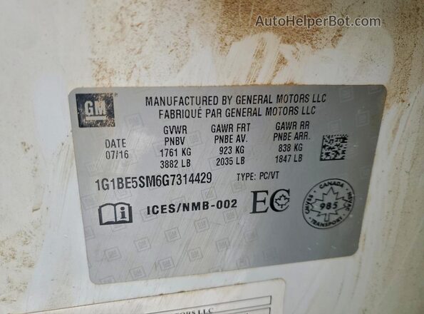 1G1BE5SM6G7314429 2016 CHEVROLET CRUZE White 
