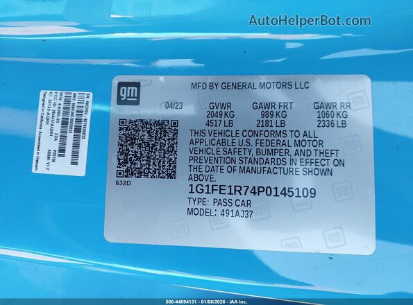 1G1FE1R74P0145109 2023 CHEVROLET CAMARO Blue Engine compartment view