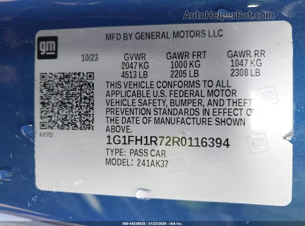 1G1FH1R72R0116394 2024 CHEVROLET CAMARO Blue Вид підкапотного простору