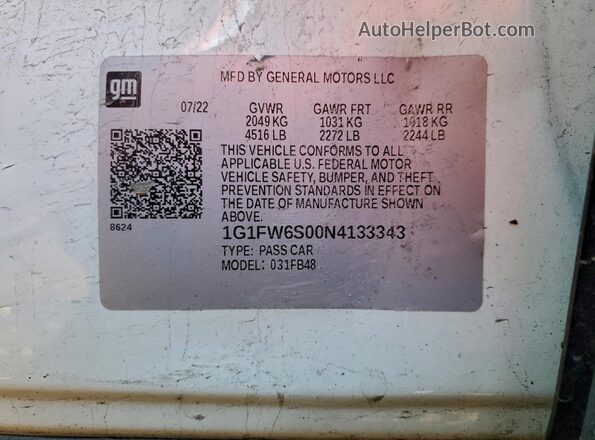1G1FW6S00N4133343 2022 CHEVROLET BOLT Белый Вид наклейки с VIN-кодом