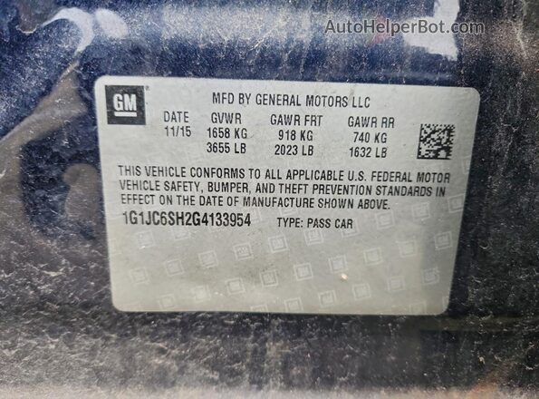 1G1JC6SH2G4133954 2016 CHEVROLET SONIC Blue ძრავის განყოფილების ხედი