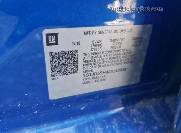 1G1JD5SH4J4140838 2018 CHEVROLET SONIC Blue 