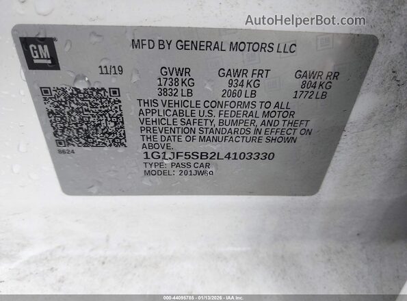 1G1JF5SB2L4103330 2020 CHEVROLET SONIC White Widok komory silnika