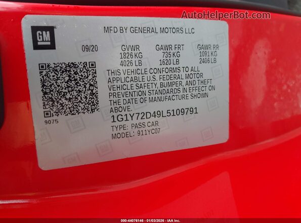 1G1Y72D49L5109791 2020 CHEVROLET CORVETTE Red Engine compartment view