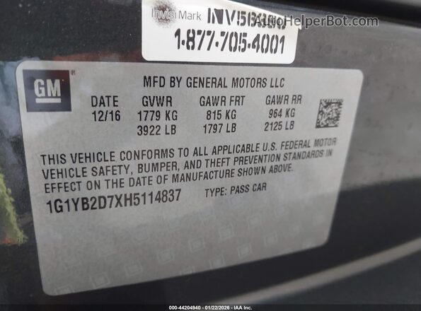 1G1YB2D7XH5114837 2017 CHEVROLET CORVETTE Серый 